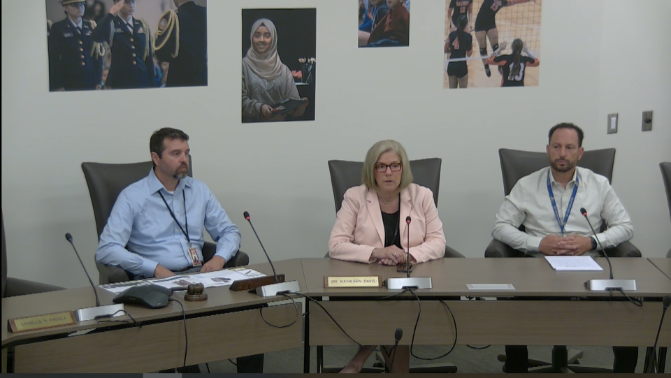 Utica City School District Chief Operations Officer Mike Ferrarro, left, interim Superintendent Kathleen Davis, center, and Vincent Perrarro, director of physical education and athletics, provide updates on the shooting of a school security officer on Sept. 9, 2023, security in the schools and upcoming sports games during a livestream on Wednesday, Sept. 13, 2023.