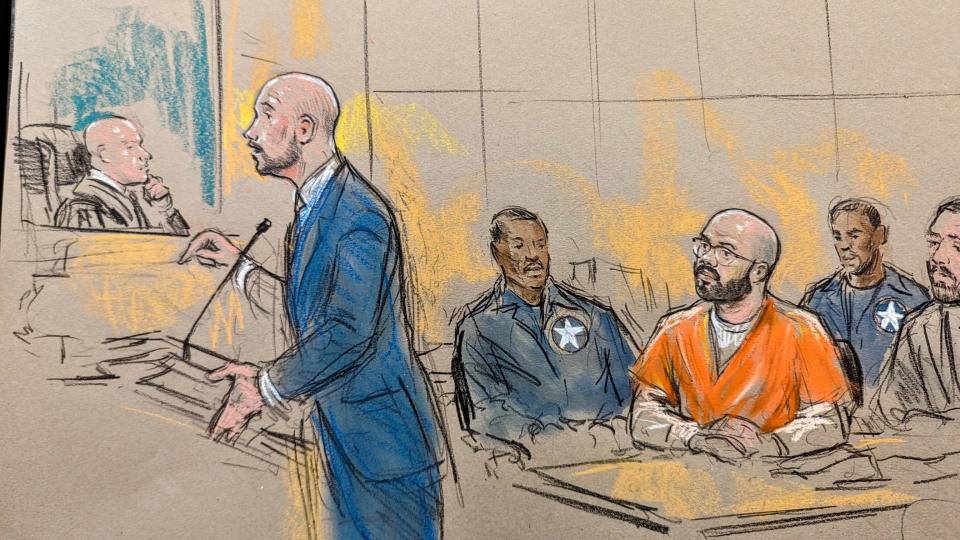 Court sketch shows the former chairman of the far-right Proud Boys, Enrique Tarrio, at his sentencing for seditious conspiracy and other charges related to Jan. 6, 2021 Capitol riots, on Sept. 5, 2023. / Credit: Sketch by William J. Hennessy, Jr.
