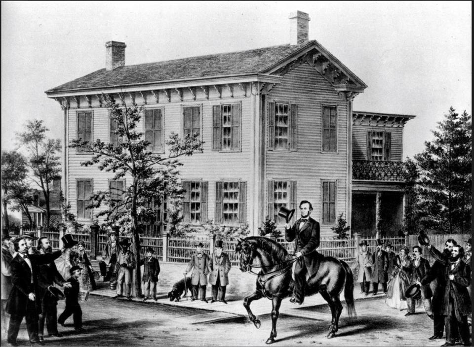 This lithograph, published in 1865, depicts Abraham Lincoln returning to his Springfield home on horseback after being elected U.S. president in 1860, four years after he traveled to Belleville by train to campaign for John Freemont, the Republican Party’s first candidate, who lost.