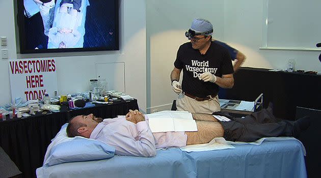 Dr Stein prepares to perform a vasectomy on Chris Wiren. Photo: 7News.