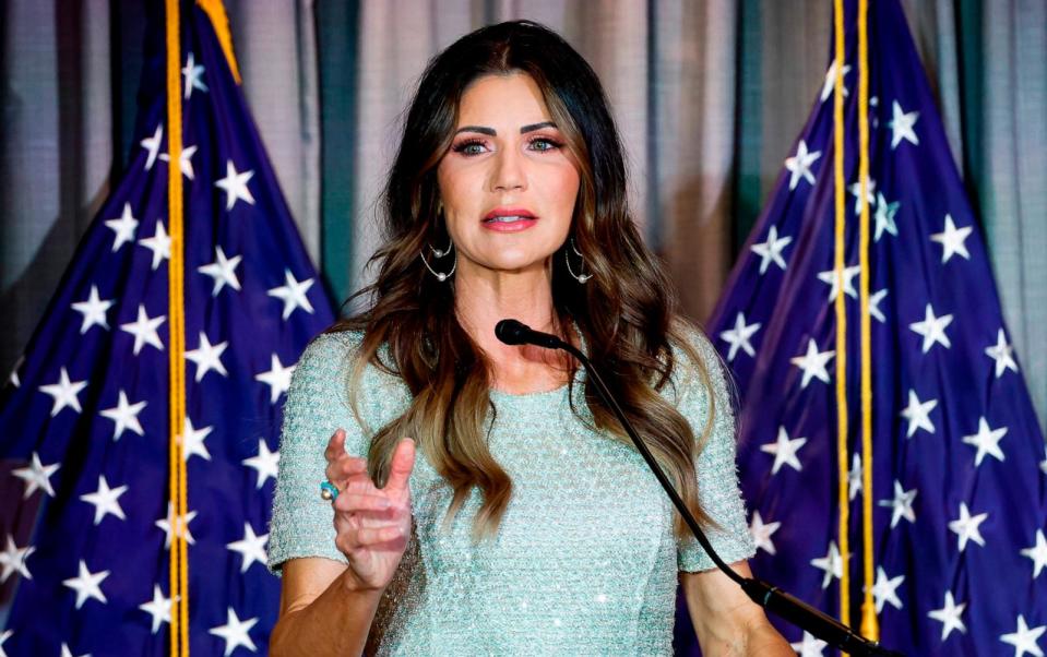 PHOTO: South Dakota Governor Kristi Noem speaks at the Calvin Coolidge Foundation conference at the Library of Congress, Feb. 17, 2023, in Washington. (Anna Moneymaker/Getty Images)