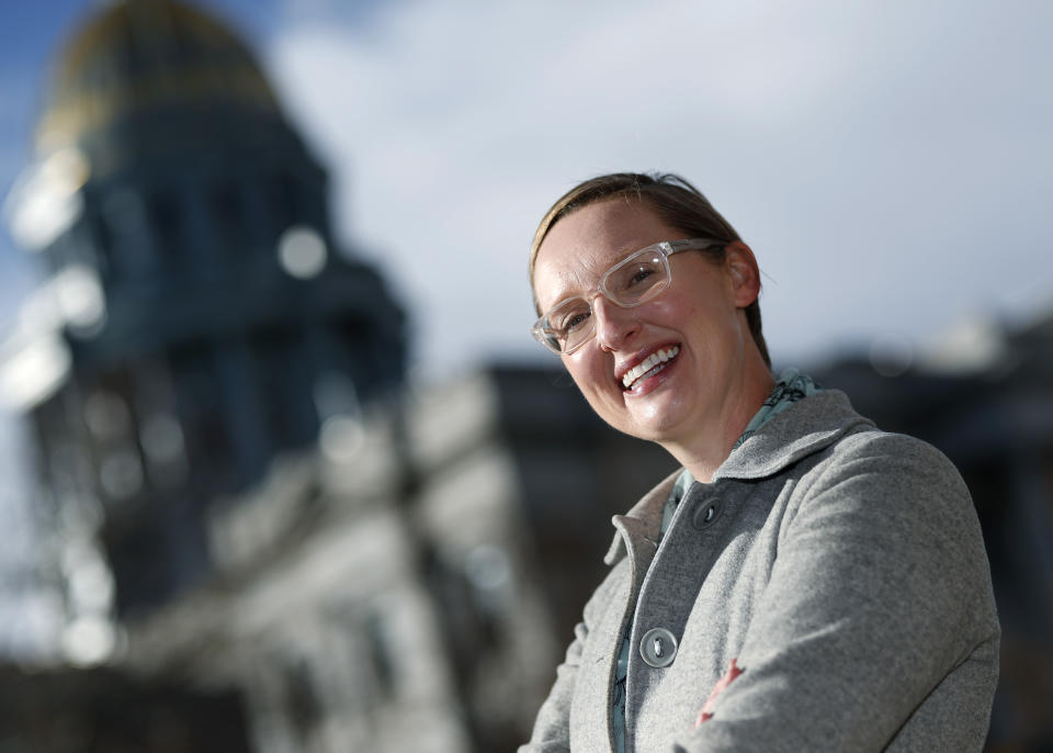 Lisa Raville, executive director of the Harm Reduction Action Center, is shown outside the safe injection site across Colfax Avenue from the State Capitol Tuesday, Nov. 27, 2018, in Denver. (AP Photo/David Zalubowski)