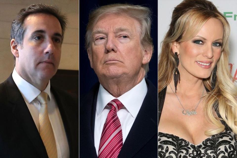 (from left) Michael Cohen, Donald Trump and adult film actress Stormy Daniels.