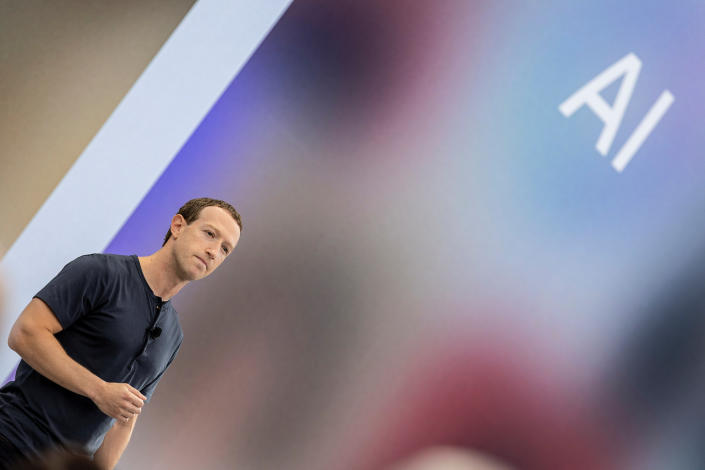 Meta CEO Mark Zuckerberg delivers a speech, as the letters AI for artificial intelligence appear on screen, at the Meta Connect event at the company's headquarters in Menlo Park, California, U.S., September 27, 2023. REUTERS/Carlos Barria