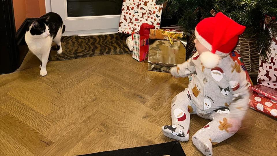 baby boy at christmas wearing santa hat 