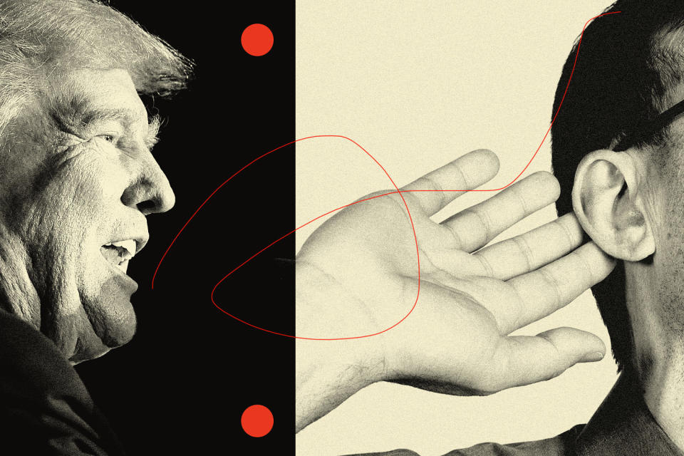 Photo collage of Trump and side profile of a person holding their ear  (Leila Register / NBC News; Getty Images)