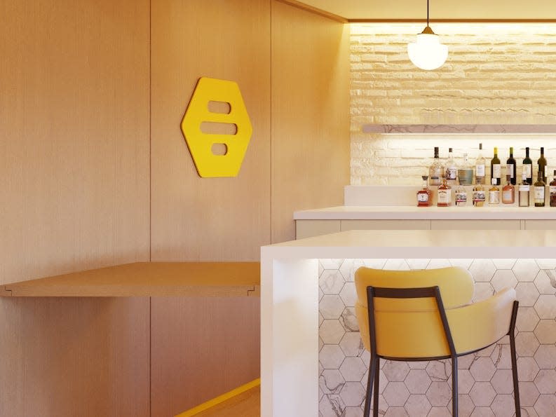 A rendering of the Bumble Brew's bar with coffee, drinks, and seating