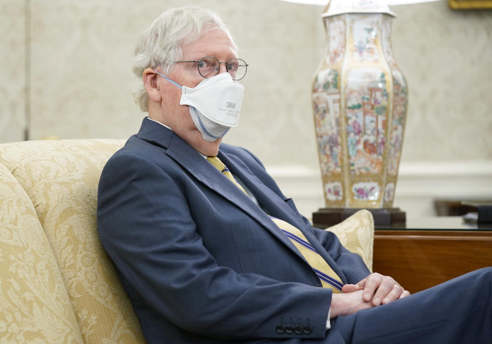 Senate Minority Leader Mitch McConnell of Ky., attends a meeting with President Joe Biden and congressional leaders in the Oval Office of the White House, Wednesday, May 12, 2021, in Washington. (AP Photo/Evan Vucci)