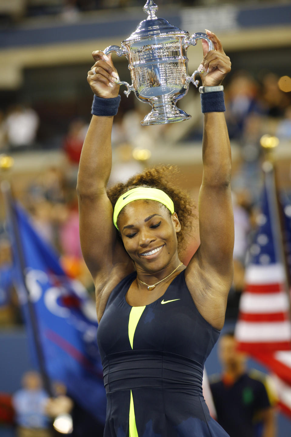 Serena Williams, USA, celebrates with the trophy after defeating Victoria Azarenka, Belarus, in the Women's SIngles Final during the US Open Tennis Tournament, Flushing, New York. USA. 9th September 2012. Photo Tim Clayton (Photo by Tim Clayton/Corbis via Getty Images)