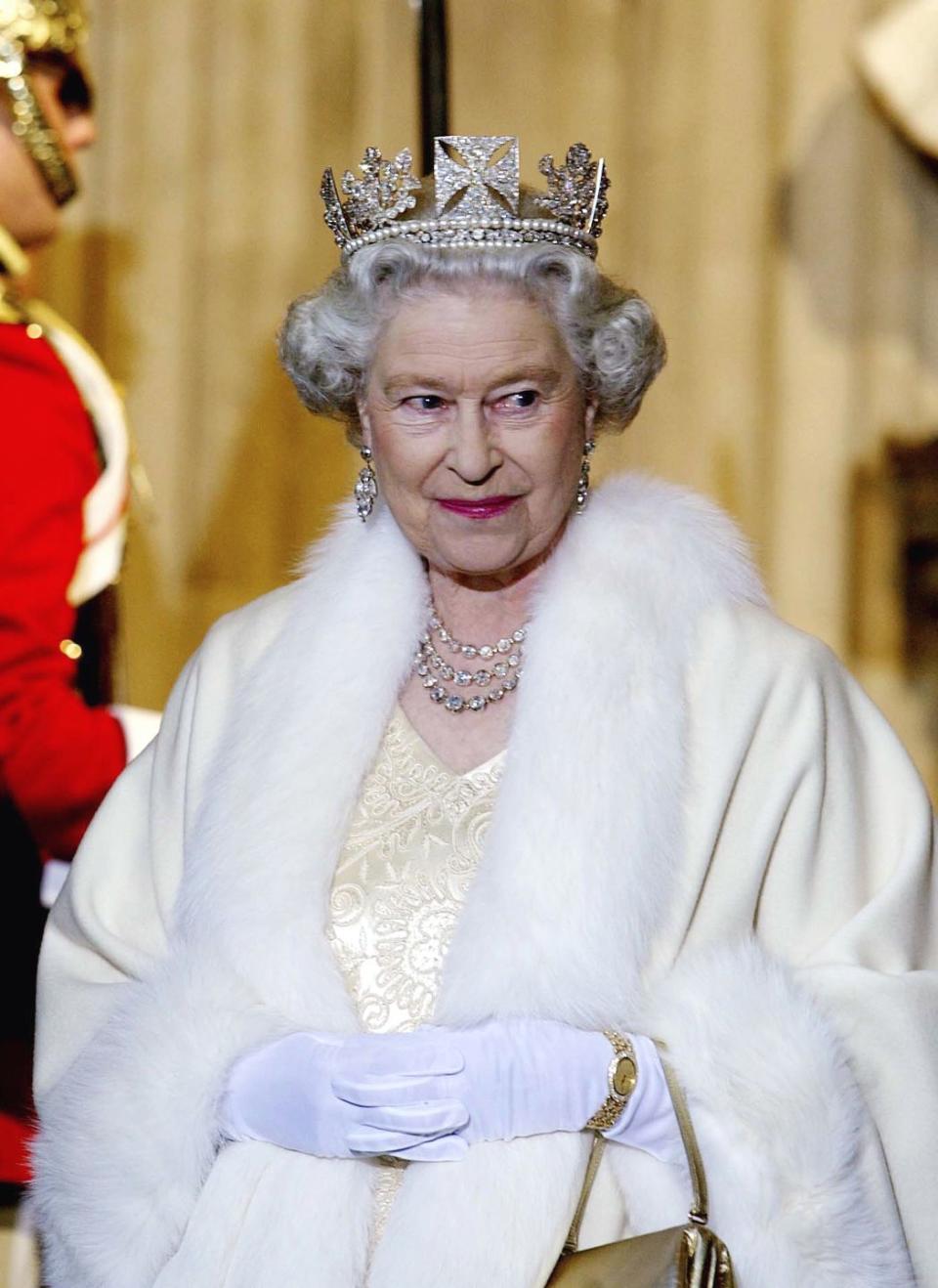 <p>One way to make diamonds look even more regal? Pair them with a white dress and cloak ensemble, as the Queen did for the State Opening of Parliament.</p>