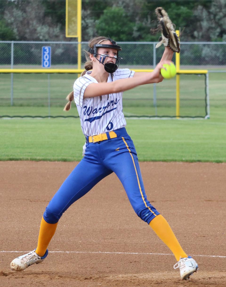 Castlewood pitcher Claire Horn gets ready to fire a pitch to the plate in a Class B game against Deuel during the opening day of the South Dakota High School State Softball Tournament on Thursday, June 1, 2023 in Aberdeen.