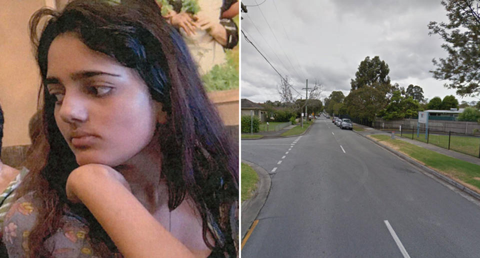 Portia De Alwis, 15, is pictured. Thomas Street in Noble Park is also pictured.