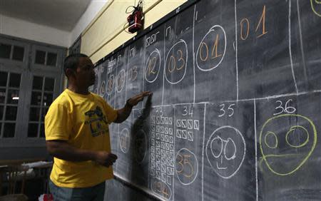 An electoral agent tallies votes on a blackboard at a polling center in the capital Antananarivo, October 25, 2013. REUTERS/Thomas Mukoya