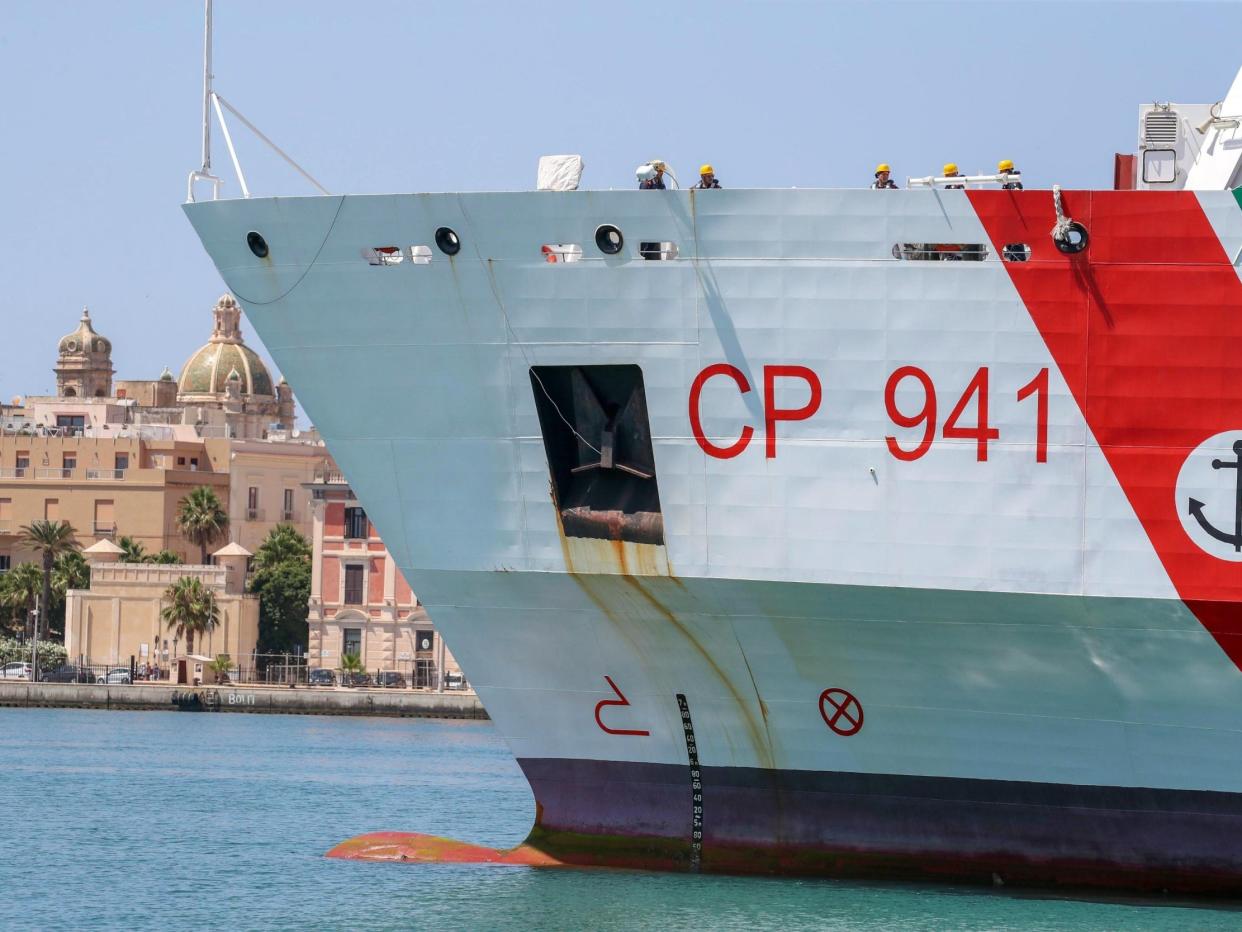 Italian Coast Guard ship Diciotti enters the port of Trapani, Sicily, Italy, on 12 July: EPA