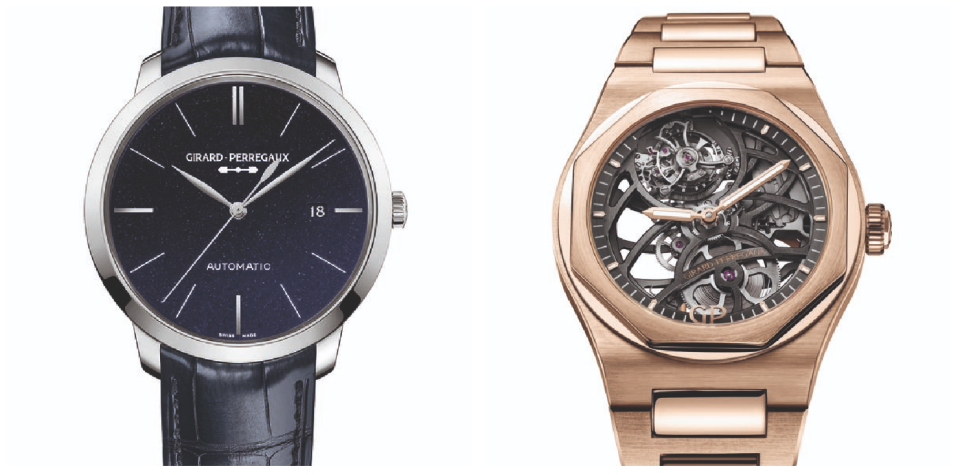 Laureato Flying Tourbillon Skeleton in pink gold; 1966 Orion in steel with aventurine dial. (PHOTO: Girard-Perregaux)