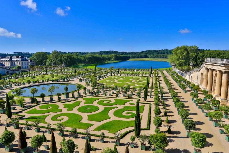 An aerial view of the gardens at Versailles.