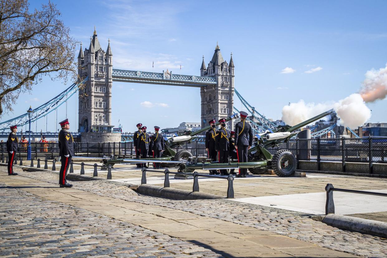 A gun salute to commemorate Britain's Prince Philip, at the Tower of London, in London, Saturday, April 17, 2021. A single round was fired at 1500, followed by a single round at 1501 to begin and end the National Minute Silence immediately before the funeral service of The Duke of Edinburgh.