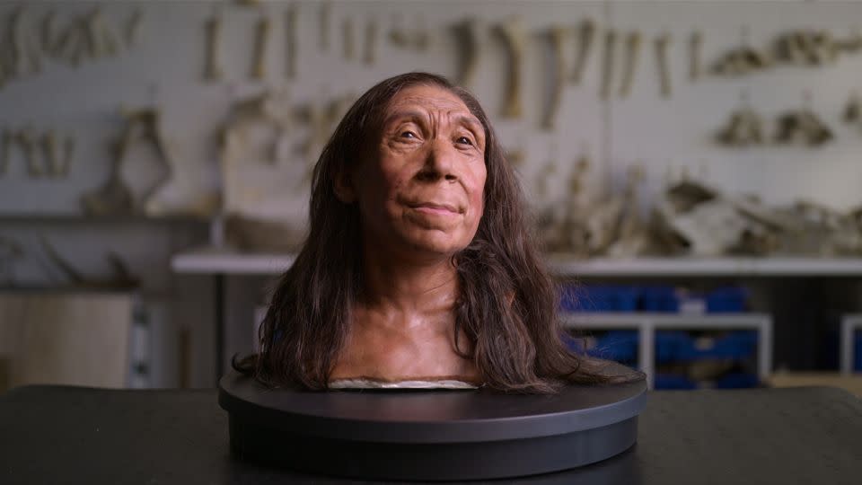 Researchers have recreated the face of a Neanderthal woman who would have been in her mid-forties when she died 75,000 years ago.  -Courtesy of Netflix