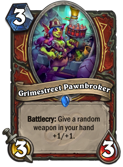 <p>As it turns out, Grimestreet has some pretty excellent merchants of arms. The best weapons in Hearthstone (hi, Fiery War Axe) are already extremely high-value, and for a mere three mana, you can buff them to be even better…and get a 3/3 body to boot! Weapon-heavy Warriors are going to love this little dude. </p>