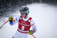 Breezy Johnson, of the United States, reacts in the finish area following her run in the the women's World Cup downhill ski race in Lake Louise, Alberta, on Saturday, Dec. 4, 2021. (Jeff McIntosh/The Canadian Press via AP)