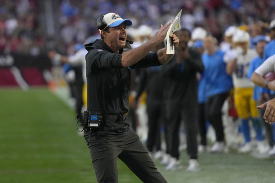 Los Angeles Chargers head coach Brandon Staley calls a time out against the Arizona Cardinals during the second half of an NFL football game, Sunday, Nov. 27, 2022, in Glendale, Ariz. (AP Photo/Rick Scuteri)