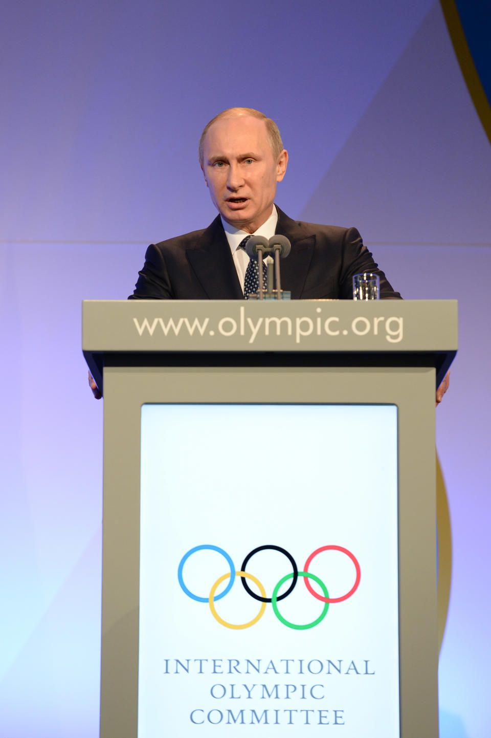Russian President Vladimir Putin delivers his speech at the IOC President's Gala Dinner on the eve of the opening ceremony of the 2014 Winter Olympics, Thursday, Feb. 6, 2014, in Sochi, Russia. (AP Photo/Andrej Isakovic, Pool)