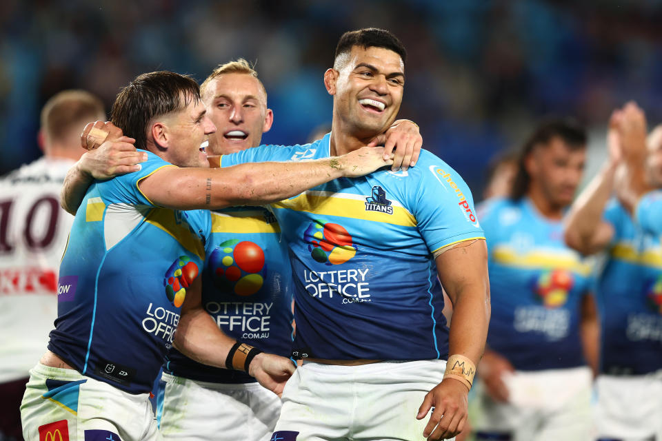 GOLD COAST, AUSTRALIA - APRIL 20: David Fifita of the Titans celebrates a try during the round seven NRL match between Gold Coast Titans and Manly Sea Eagles at Cbus Super Stadium, on April 20, 2024, in Gold Coast, Australia. (Photo by Chris Hyde/Getty Images)