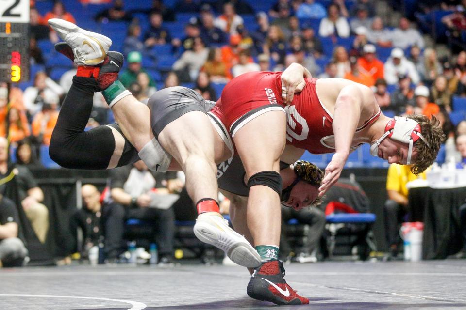 Oklahoma's Tate Picklo, top, is the No. 18 seed at 174 pounds at the NCAA Championships, which begin Thursday at the BOK Center in Tulsa.