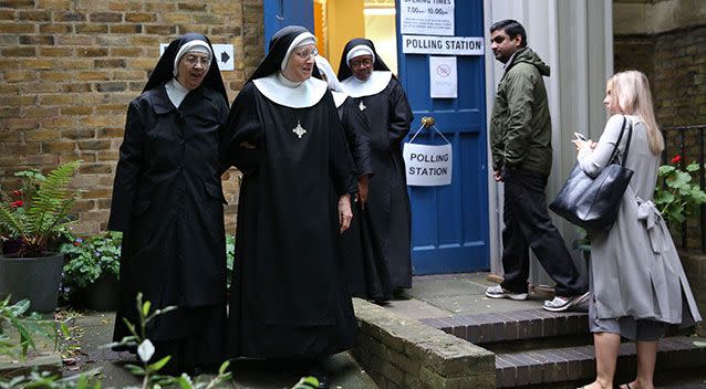 Nuns leave a polling station at St John's Parish Hall, central London. Source: AAP