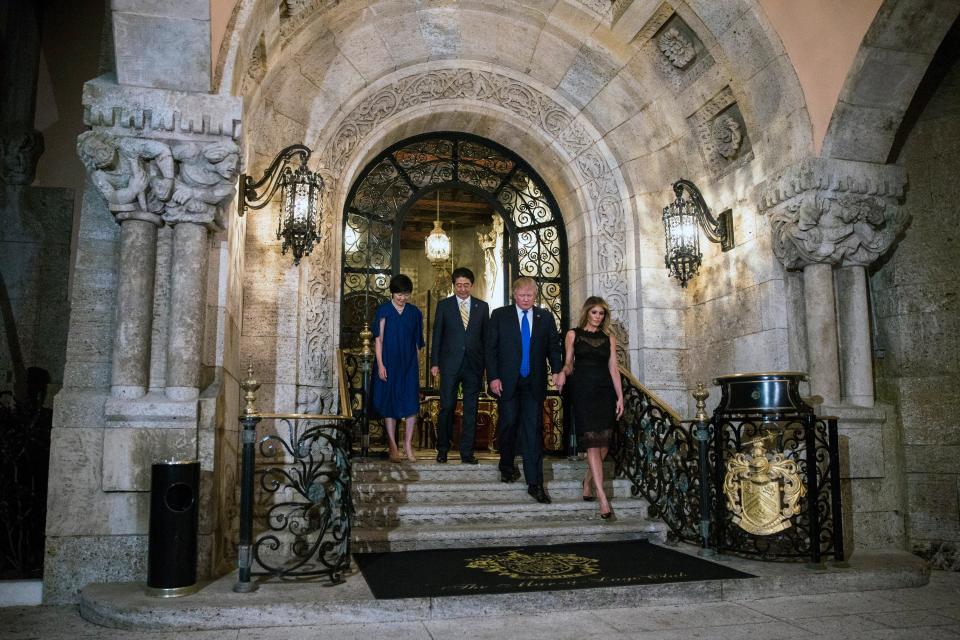 Then-President Donald Trump and first lady Melania Trump hosted then-Japanese Prime Minister Shinzo Abe and his wife Akie Abe at Mar-a-Lago in February 2017. The Trumps would host their Japanese guests a second time at Mar-a-Lago later in trump's presidency.