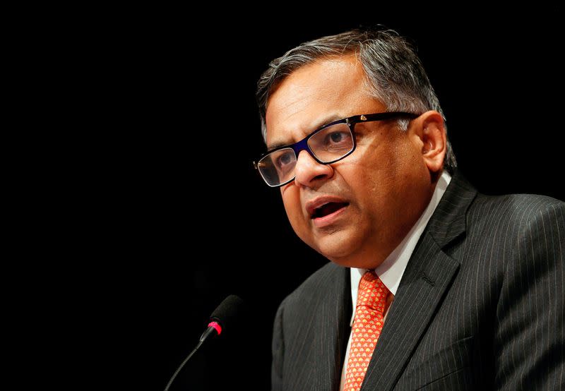 Tata Sons Chairman Natarajan Chandrasekaran speaks to shareholders during the Tata Consultancy Services (TCS) annual general meeting in Mumbai