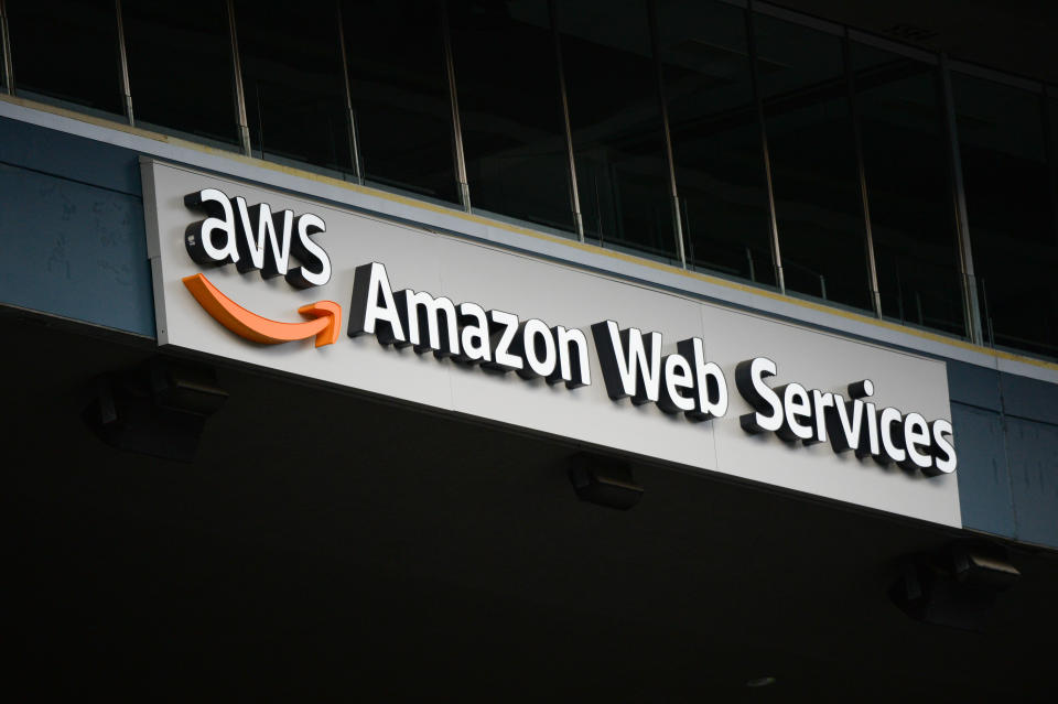 SEATTLE, WA - APRIL 10: An Amazon Web Services (AWS) ad board is seen in a pre-season friendly match between the Seattle Sounders and San Diego Loyal SC on April, 10, 2021 at Lumen Field in Seattle, WA (Photo by Jeff Halstead/Icon Sportswire via Getty Images)