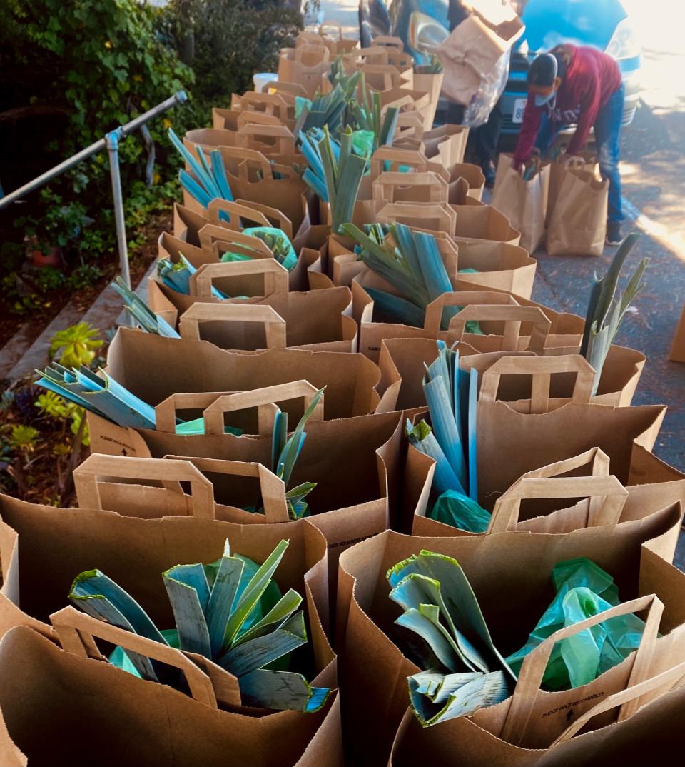 Bags of community garden goods from Quail Creek at Sogorea Te' Land Trust in California.