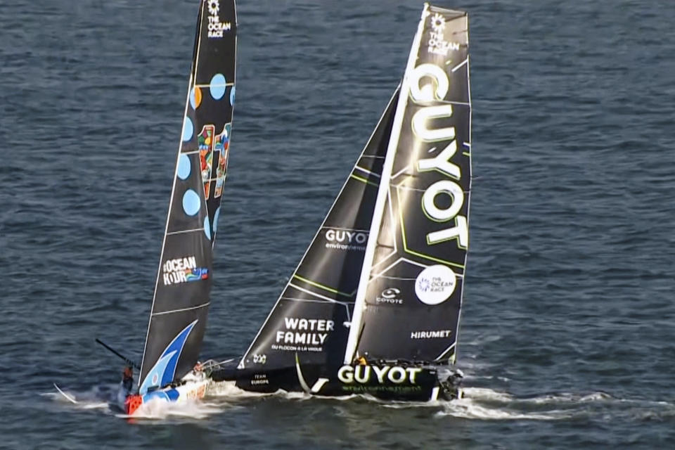 This handout provided by The Ocean Race shows the 11th Hour Racing team boat, left, being T-boned by Guyot environnement — Team Europe during the last leg of The Ocean Race around-the-world sailing competition near Aarhus, Denmark, Friday, June 16, 2023. (The Ocean Race via AP)