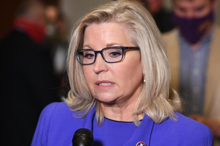 Rep. Liz Cheney, R-Wyo., speaks to reporters at the Capitol in Washington, D.C., on Wednesday. (Photo by Mandel Ngan/AFP via Getty Images)