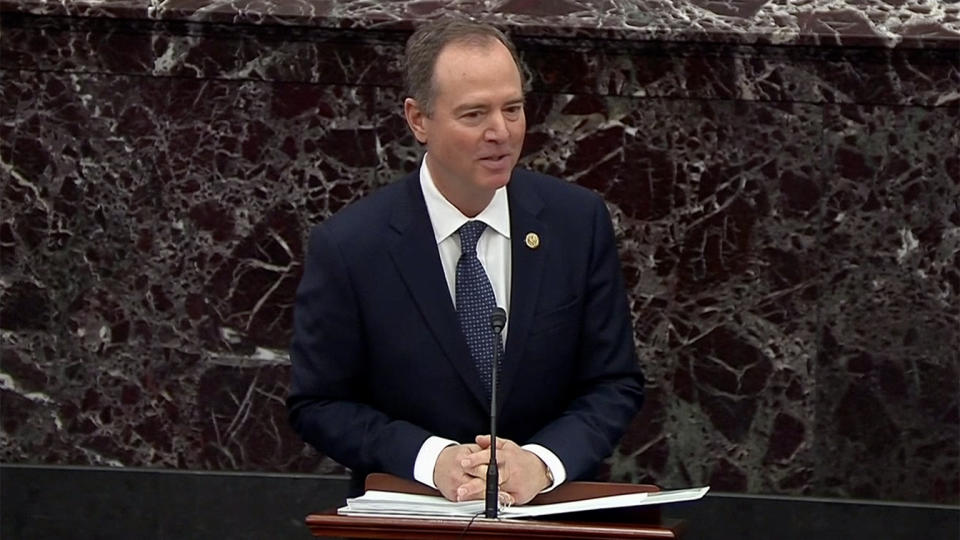 Lead House Impeachment Manager Adam Schiff gives opening remarks on the Senate floor during the Impeachment Trial of Donald Trump on Jan. 22, 2020. (Screengrab: Senate TV via Yahoo News)