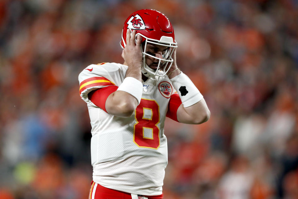 Kansas City Chiefs quarterback Matt Moore (8) takes the field to replace the injured Patrick Mahomes during the first half of an NFL football game against the Denver Broncos, Thursday, Oct. 17, 2019, in Denver. (AP Photo/David Zalubowski)