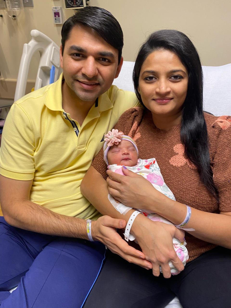 The first baby born in 2023 at Lehigh Valley Hospital–Cedar Crest came early New Year's Day. Baby Girl Garala was born to first time parents Shraddha Patel (left) and Pavan Garala (right) of Allentown, Pa.