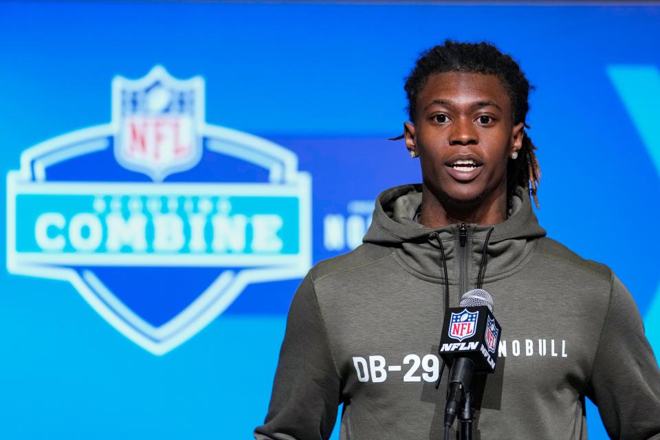 South Carolina defensive back Cam Smith speaks to reporters on March 2 at the NFL Scouting Combine in Indianapolis. The Dolphins drafted him Friday in the second round with the 51st pick.