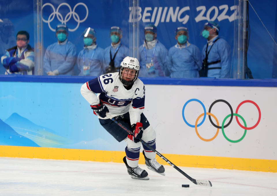 BEIJING, CHINA - FEBRUARY 03:  Forward Kendall Coyne Schofield #26 of Team United States skates during the Women's Ice Hockey Preliminary Round Group A match between Team United States and Team Finland at Wukesong Sports Centre on February 03, 2022 in Beijing, China in the Winter Olympics. (Photo by Sarah Stier/Getty Images)