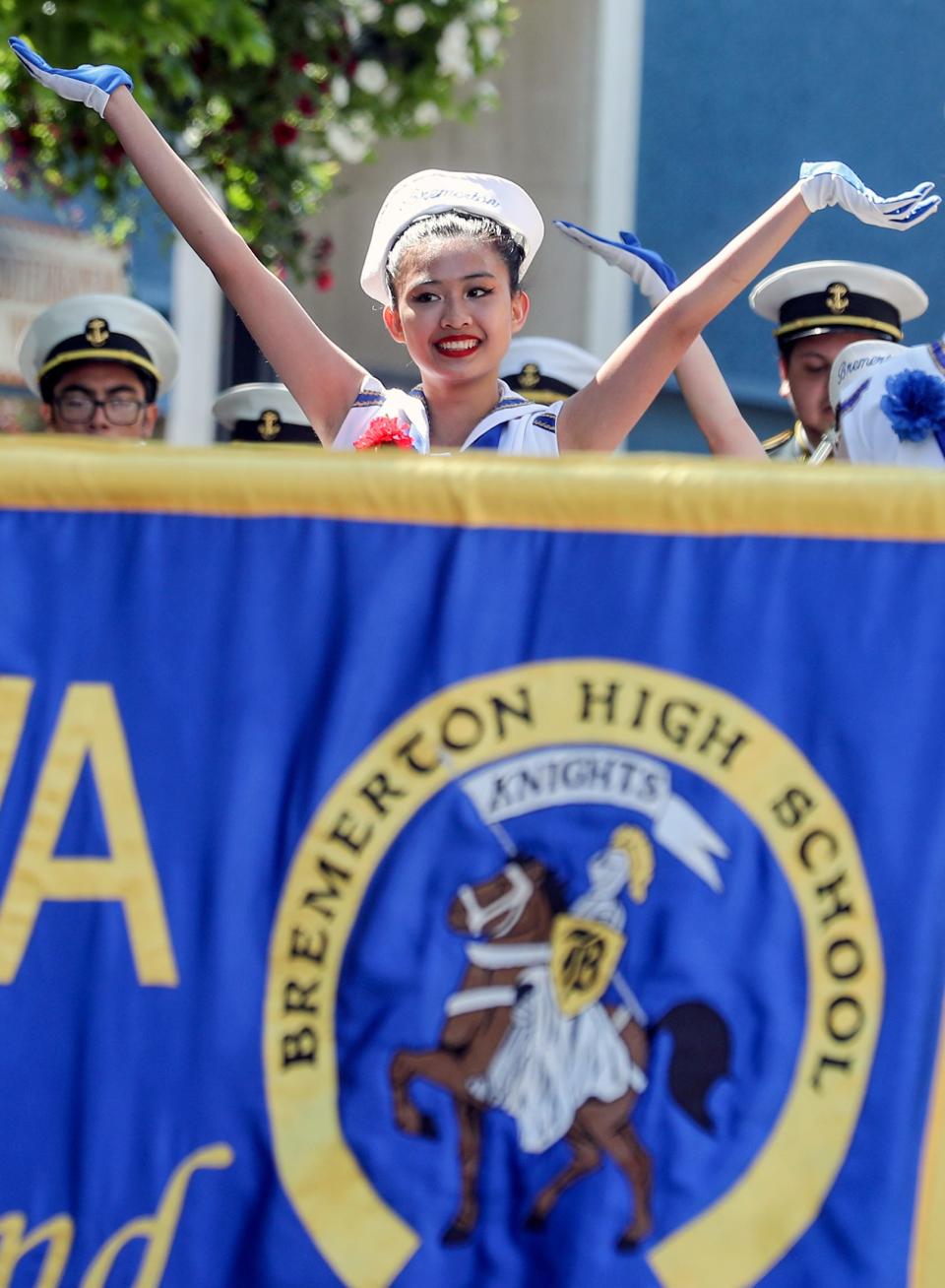 The Bremerton High School Drill Team and Marching Band make their way down Pacific during the Armed Forces Day Parade in downtown Bremerton on Saturday, May 21, 2022. 