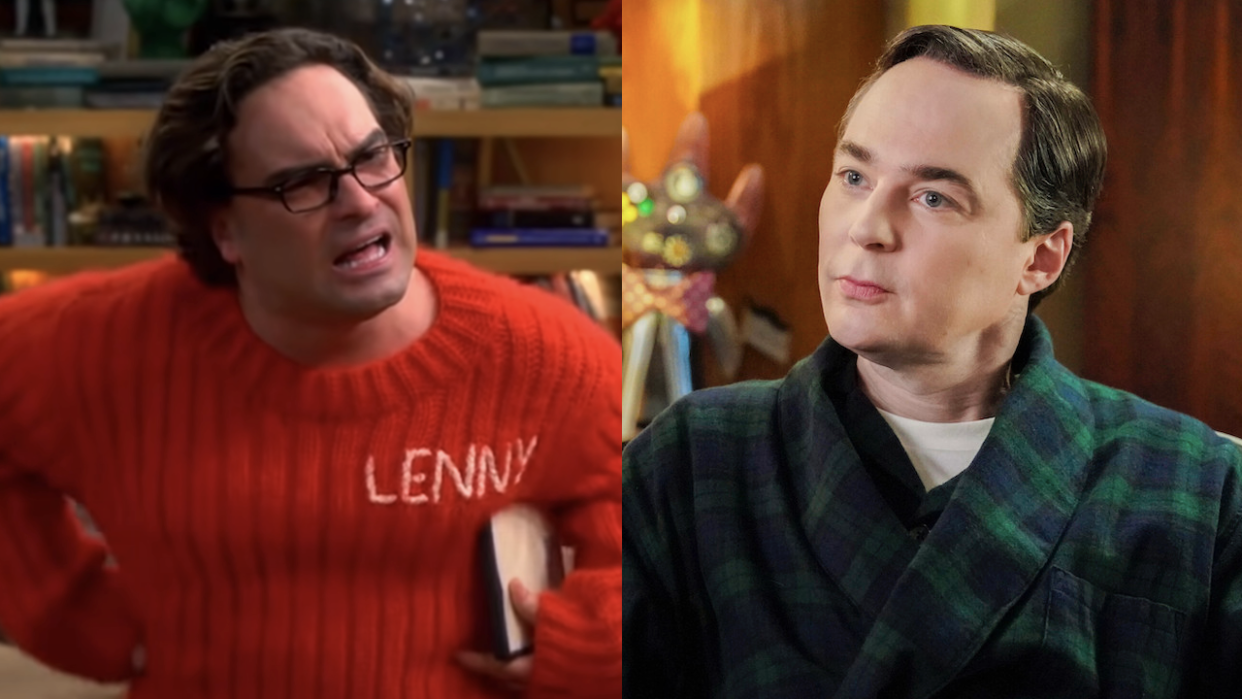  Side by side of Big Bang Theory's Leonard angrily yelling while wearing his red Lenny sweater, Jim Parson's Sheldon in green and black robe in Young Sheldon's series finale. 