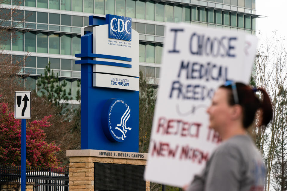 Protesters against masks, vaccines, and vaccine passports gather outside the headquarters of the Centers for Disease Control (CDC) in Atlanta in March. 