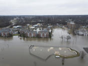 <p>In this drone image looking east, the St. Joseph River has overflowed its banks and has traveled a couple of blocks into the city Wednesday, Feb. 21, 2018, in Niles, Mich. (Photo: Santiago Flores/South Bend Tribune via AP) </p>