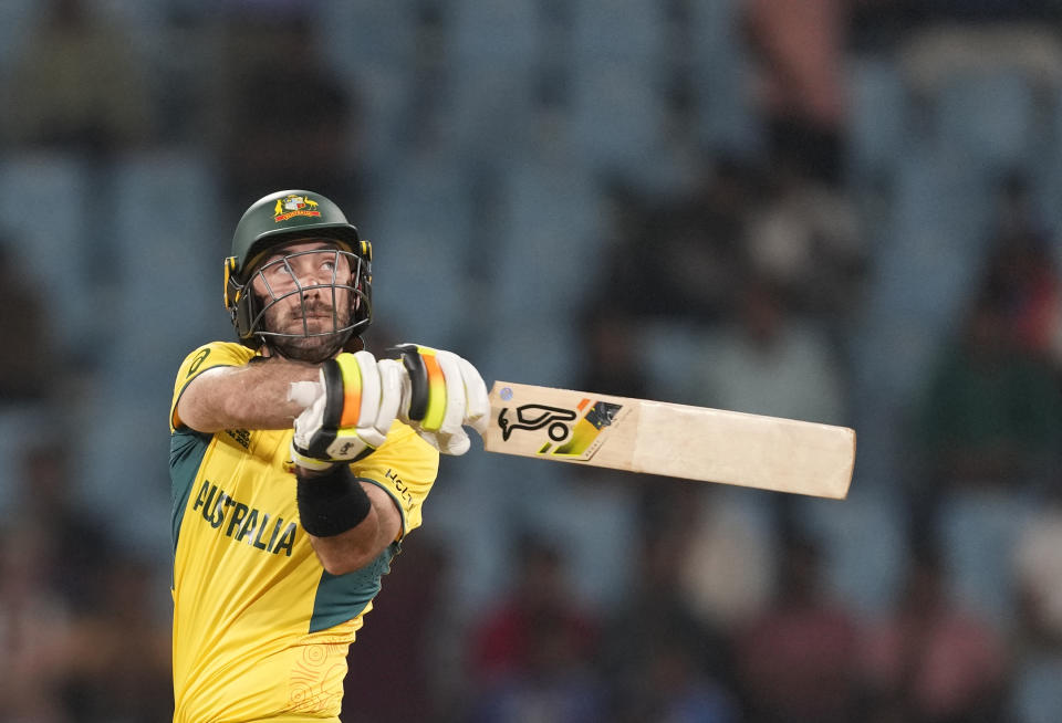 Australia's Glenn Maxwell plays a shot during ICC Men's Cricket World Cup match between Australia and Sri Lanka in Lucknow, India, Monday, Oct. 16, 2023. (AP Photo/Rajesh Kumar Singh)