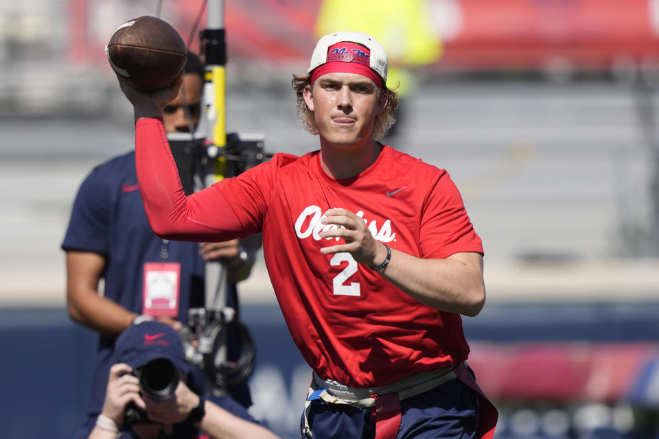 Red Squad quarterback Jaxson Dart (2) throws a pass during the first half of Mississippi's NCAA college football spring game, Saturday, April 13, 2024, in Oxford, Miss. (AP Photo/Rogelio V. Solis)