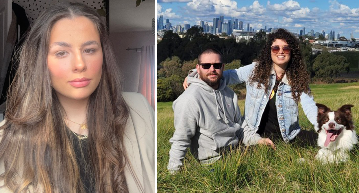 Caoimhe McGoldrick, 23, smiles at the camera (left). Michael and Diana smile on the grass with their dog with the Sydney skyline behind them (right). 