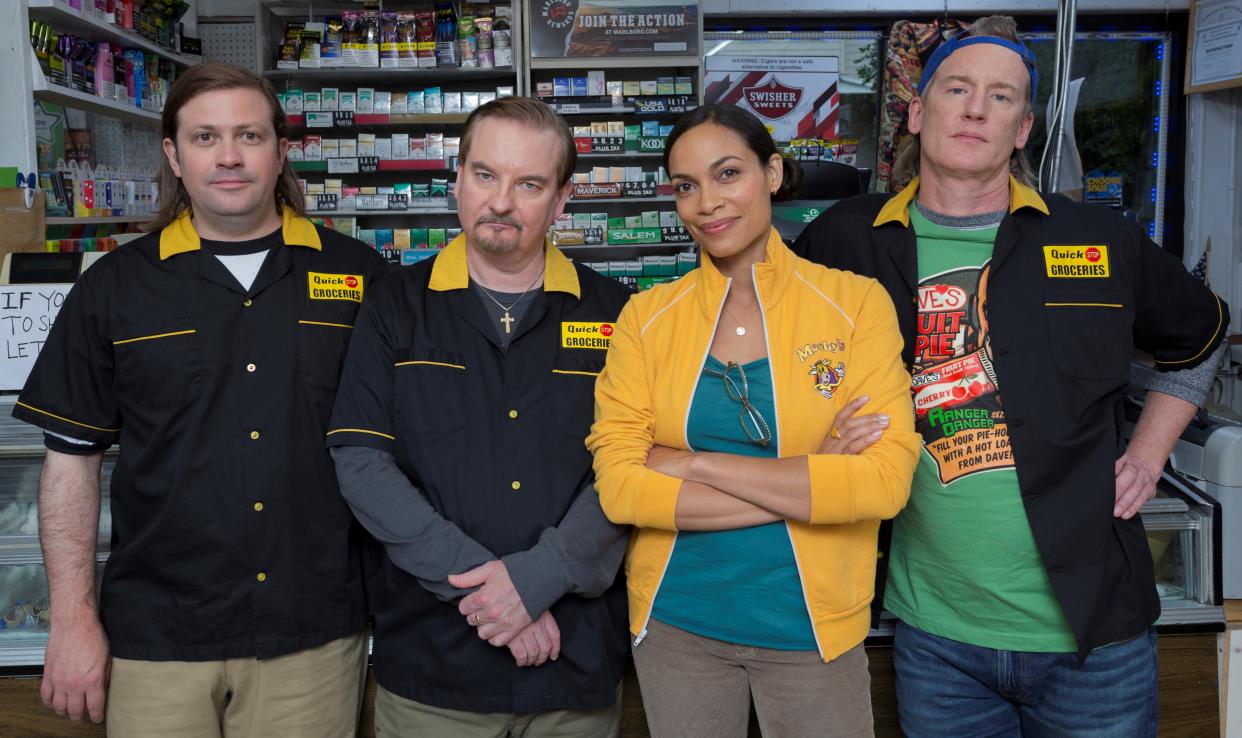 from l to r: Trevor Fehrman, Brian O'Halloran, Rosario Dawson and Jeff Anderson in Clerks III. (Photo: Lionsgate) 