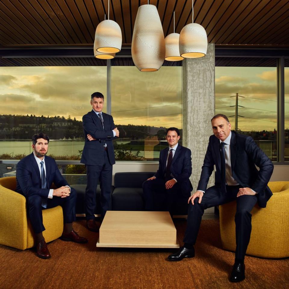 CANNABIS COMMITTEE: From left: Privateer Holdings general counsel Patrick Moen with cofounders Kennedy, Michael Blue, and Christian Groh, at Privateer’s Seattle office.