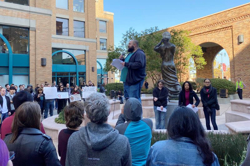 FILE PHOTO: Google site reliability engineer Laurence Berland addresses fellow employees during a rally in San Francisco